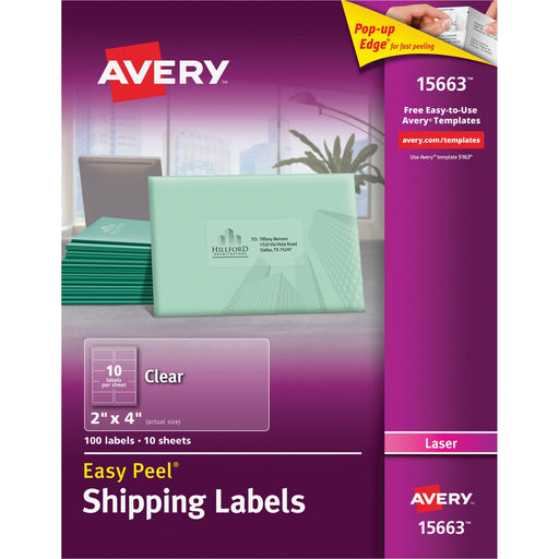 Avery® Matte Clear Shipping Labels, Sure Feed(TM) Technology, Laser, 2" x 4", 100 Labels (15663)