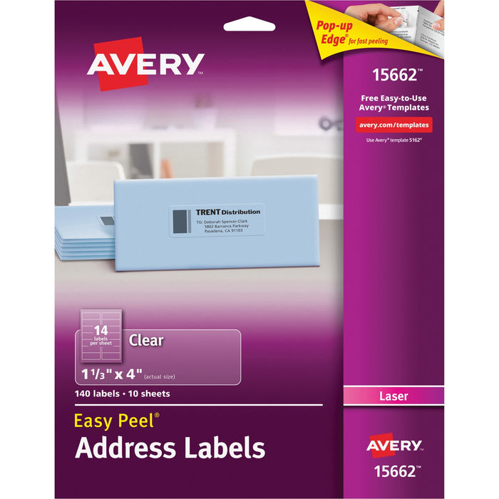 Avery® Matte Clear Address Labels, Sure Feed(TM) Technology, Laser, 1-1/3" x 4", 140 Labels (15662)