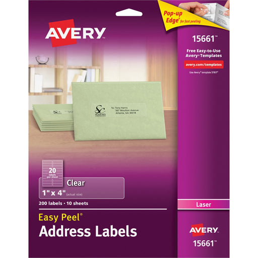 Avery® Matte Clear Address Labels, Sure Feed(TM) Technology, Laser, 1" x 4", 200 Labels (15661)