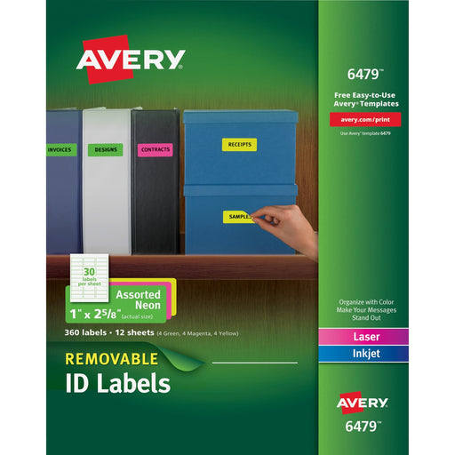 Avery® Multipurpose Labels, Removable, Assorted Neon, 1 x 2.625 Inches, Pack of 360 (6479)