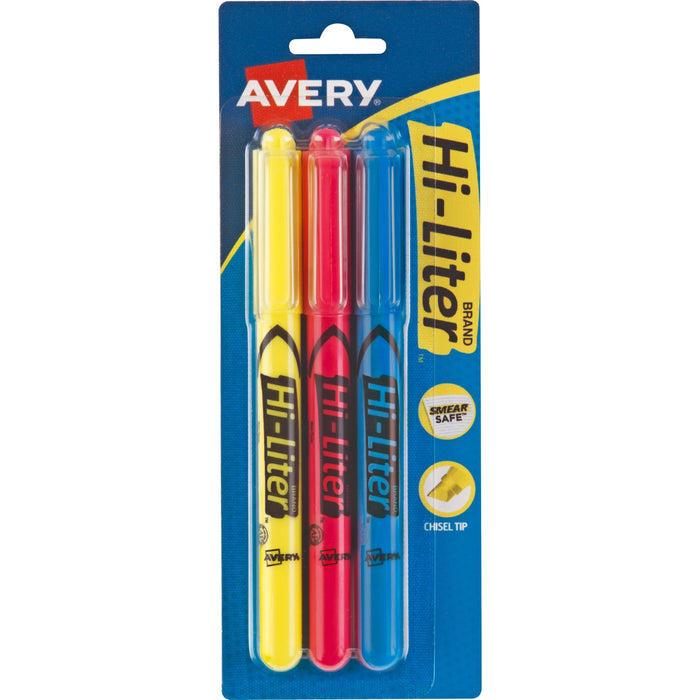 Avery® Hi-Liter(R) Pen-Style Highlighters, SmearSafe(R), Chisel Tip, 3 Assorted Color Highlighters (25860)