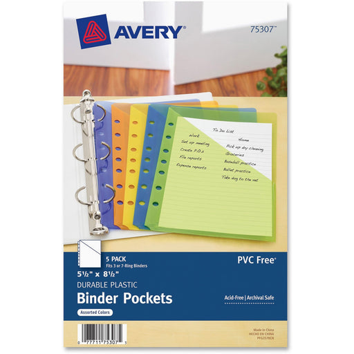 Avery® Mini Binder Pockets, Assorted Colors, Fits 3-Ring and 7-Ring Binders, Durable, 5 Slash Pockets (75307)