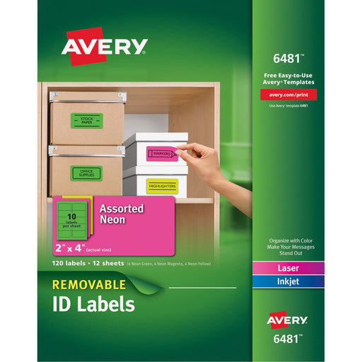 Avery® Multipurpose Labels, Removable, Assorted Neon, 2 x 4 Inches, Pack of 120 (6481)