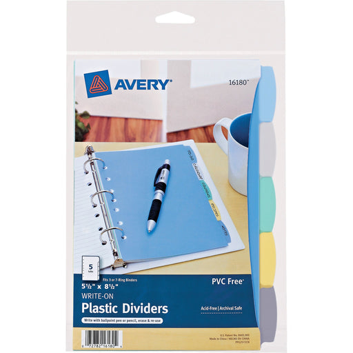 Avery® Mini Durable Write & Erase Plastic Dividers, 5-1/2" x 8-1/2", 5-Tab Set (16180)