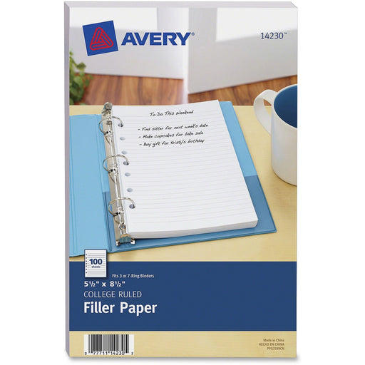 Avery® 5-1/2" x 8-1/2" Mini Binder Filler Paper, Fits 3-Ring/7-Ring Binders White College Ruled Pack of 100 (14230)