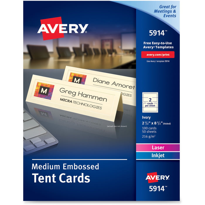 Avery® Medium Tent Cards, Embossed Ivory, Uncoated, Two-Sided Printing, 2-1/2" x 8-1/2", 100 Cards (5914)