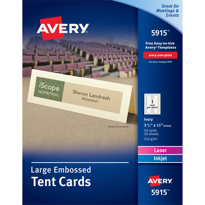 Avery® Large Tent Cards, Uncoated, Embossed, Ivory, Two-Sided Printing, 3-1/2" x 11" 50 Cards (5915)