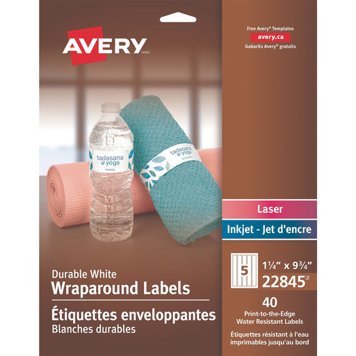 Avery® Water-Resistant Wraparound Labels, Permanent Adhesive, 9-3/4" x 1-1/4", Rectangle, 40 Labels (22845)