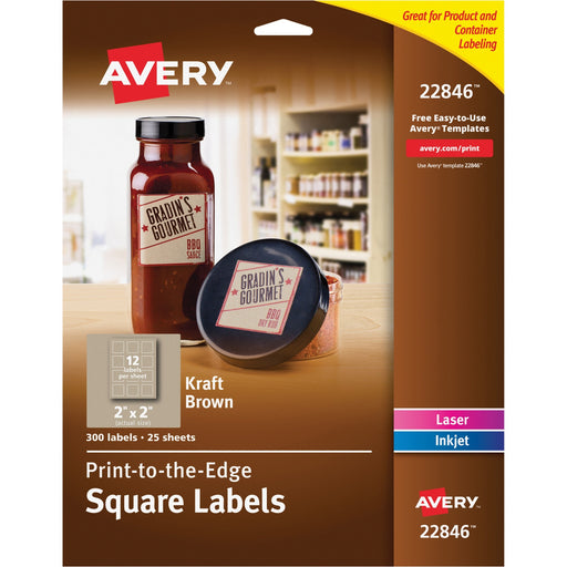 Avery® Square Labels, Print to the Edge, Permanent Adhesive, Kraft Brown, 2" x 2", 300 Labels (22846)