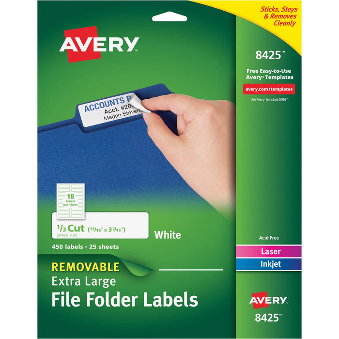 Avery® Removable Extra-Large File Folder Labels, Sure Feed(TM) Technology, Removable Adhesive, White, 15/16" x 3-7/16", 450 Labels (8425)