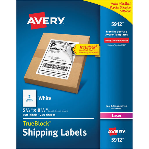 Avery® Shipping Address Labels, Laser Printers, 500 Labels, Half Sheet Labels, Permanent Adhesive, TrueBlock(R) (5912)