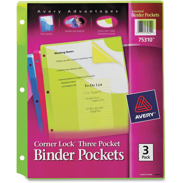 Avery® Corner Lock(R) Binder Pockets, Fits 3-Ring Binders, with Three Assorted Pockets, Blue, Green, Pink (75310)
