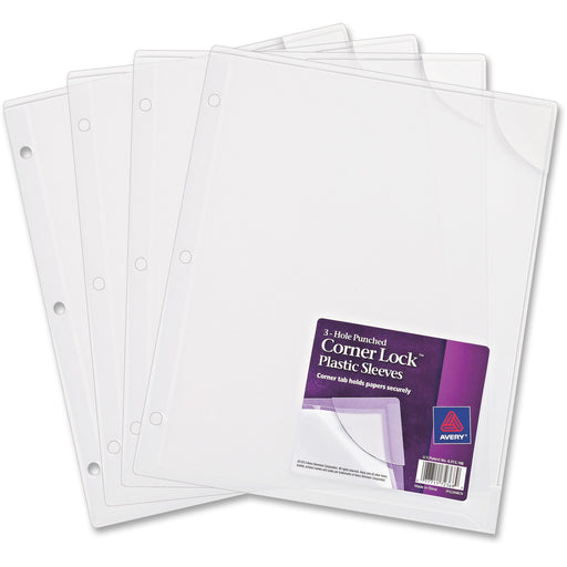 Avery® Corner Lock(R) 3-Hole Punched Plastic Sleeves, Fits 3-Ring Binders, Clear, Pack of 4 (72269)