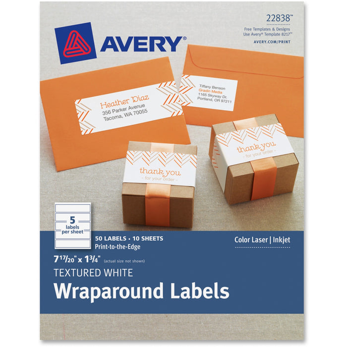 Avery® Wraparound Labels, Waterproof, Textured White, 7-17/20" x 1-3/4", 50 Labels (8217)