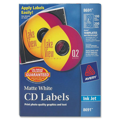 Avery® CD Labels, Matte White, 100 Face Labels/200 Spine Labels (8691)