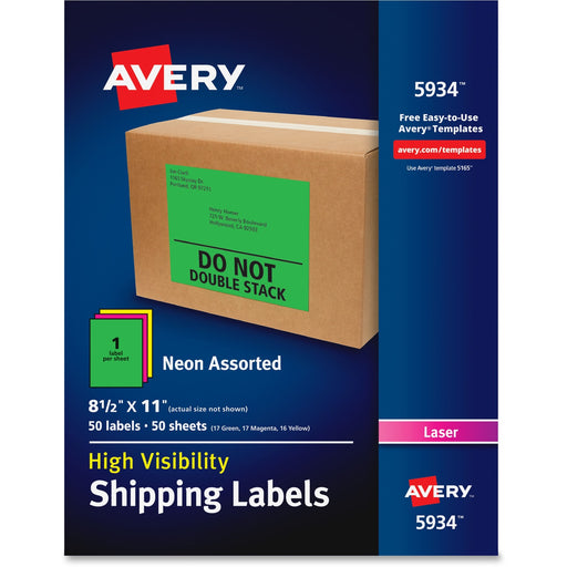 Avery® High-Visibility Shipping Labels, Permanent Adhesive, Assorted Neon Colors, 8-1/2" x 11", 50 Labels (5934)