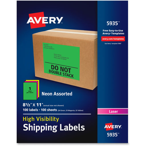 Avery® High-Visibility Shipping Labels, Permanent Adhesive, Assorted Neon Colors, 8-1/2" x 11", 100 Labels (5935)