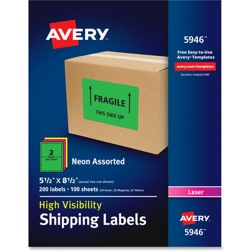 Avery® High-Visibility Shipping Labels, Permanent Adhesive, Assorted Neon Colors, 5-1/2" x 8-1/2", 200 Labels ( 5946)
