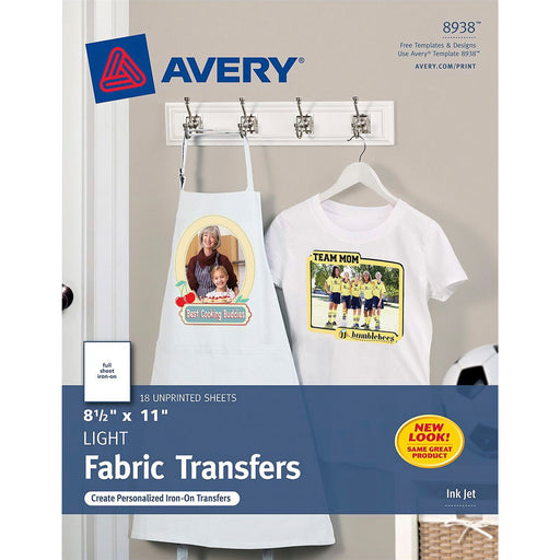 Avery® Printable T-Shirt Transfers, For Use on Light Fabrics, Inkjet Printers, 18 Paper Transfers (8938)