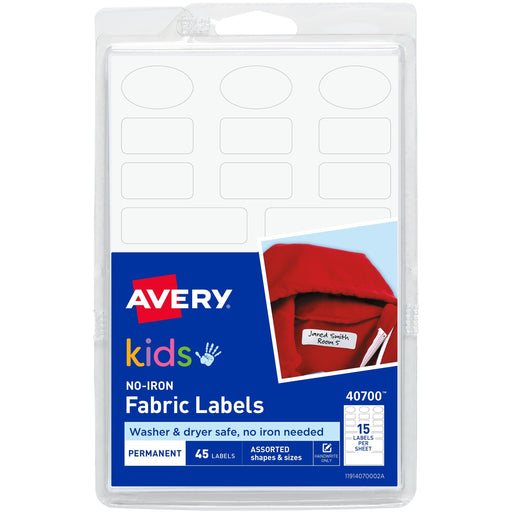 Avery® No-Iron Clothing Labels, Assorted Shapes & Sizes, 45 Labels (40700)