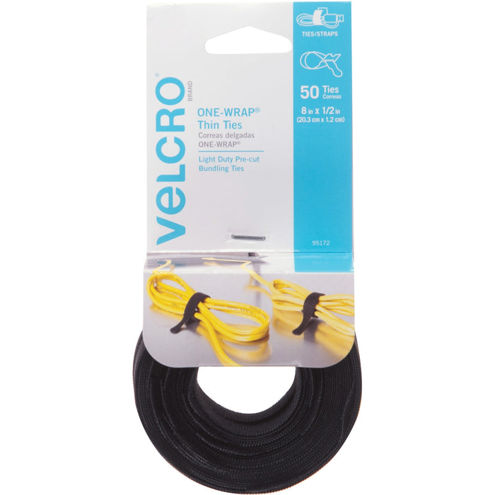 VELCRO® Brand ONE-WRAP® Thin Ties, 8in x 1/2in, Black, 50ct