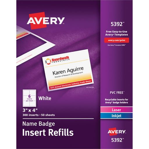 Avery® Name Badge Insert Refills, 3" x 4", 300 Inserts (5392)