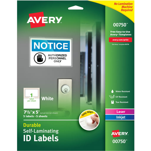 Avery® Easy Align(R) Self-Laminating ID Labels, Permanent Adhesive, 7-1/2" x 5" , 5 Labels (00750)