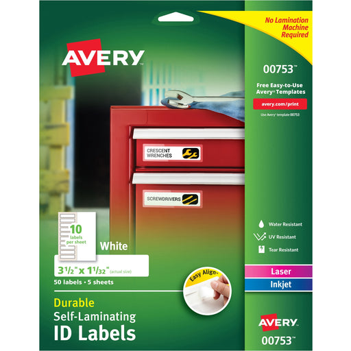 Avery® Easy Align(R) Self-Laminating ID Labels, 3-1/2" x 1-1/32" , Pack of 50 (00753)