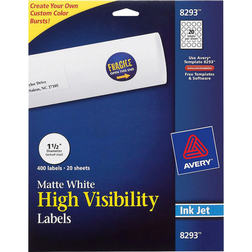 Avery® High-Visibility Labels, Permanent Adhesive, Matte, 1-1/2" Diameter, 400 Labels (8293)