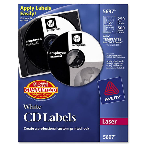 Avery® CD Labels, White Matte, 250 CD Labels and 500 Case Spine Labels (5697)
