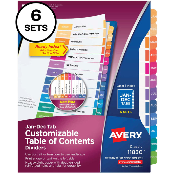 Avery® Ready Index 12 Tab Dividers, Customizable TOC, 6 Sets