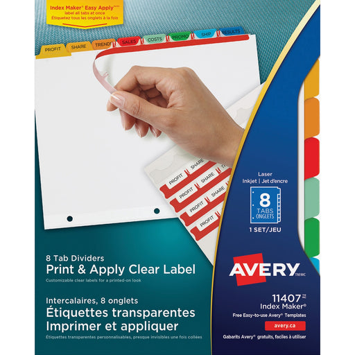 Avery® Print & Apply Clear Label Dividers, Index Maker(R) Easy Apply(TM) Printable Label Strip, 8 Multicolor Tabs (11407)