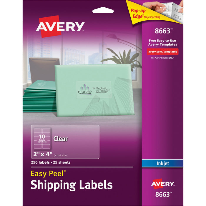 Avery® Matte Clear Shipping Labels, Sure Feed(TM) Technology, Inkjet, 2" x 4", 250 Labels (8663)