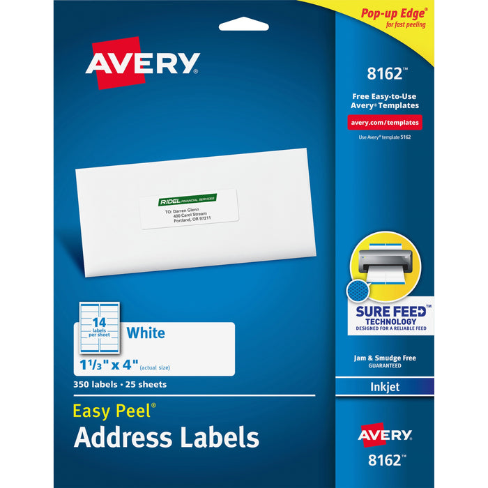 Avery® Easy Peel(R) Address Labels, Sure Feed(TM) Technology, Permanent Adhesive, 1-1/3" x 4", 350 Labels (8162)