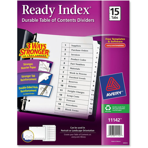 Avery® Customizable Table of Contents Dividers, Ready Index(R) Printable Section Titles, Preprinted 1-15 White Tabs, 1 Set (11142)