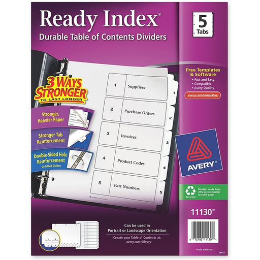 Avery® Customizable Table of Contents Dividers, Ready Index(R) Printable Section Titles, Preprinted Black Numbers 1-5 White Tabs, 1 Set (11130)