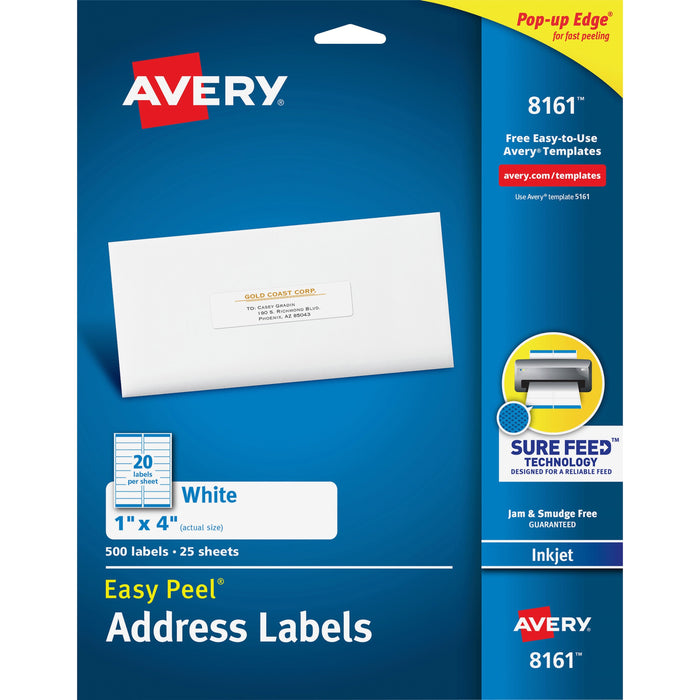 Avery® Easy Peel(R) Address Labels, Sure Feed(TM) Technology, Permanent Adhesive, 1" x 4", 500 Labels (8161)