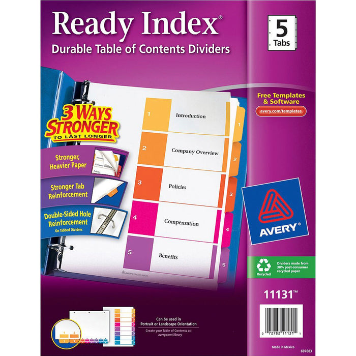 Avery® Customizable Table of Contents Dividers, Ready Index(R) Printable Section Titles, Preprinted 1-5 Multicolor Tabs, 1 Set (11131)