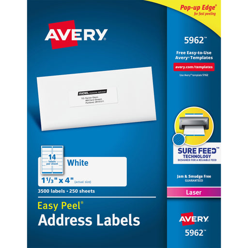 Avery® Easy Peel(R) Address Labels, Sure Feed(TM) Technology, Permanent Adhesive, 1-1/3" x 4", 3,500 Labels (5962)