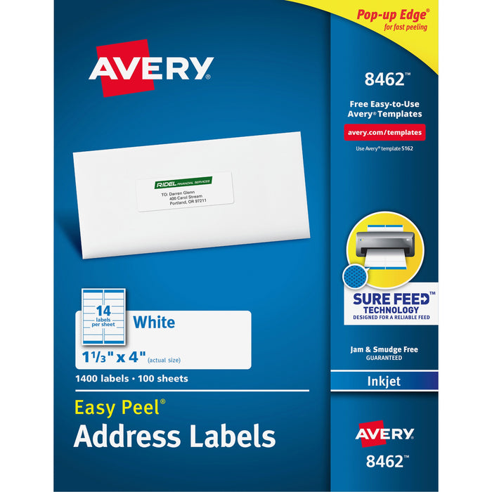 Avery® Easy Peel(R) Address Labels, Sure Feed(TM) Technology, Permanent Adhesive, 1-1/3" x 4", 1,400 Labels (8462)