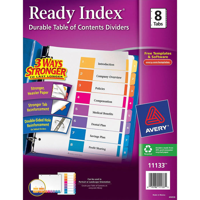 Avery® Customizable Table of Contents Dividers, Ready Index(R) Printable Section Titles, Preprinted 1-8 Multicolor Tabs, 1 Set (11133)