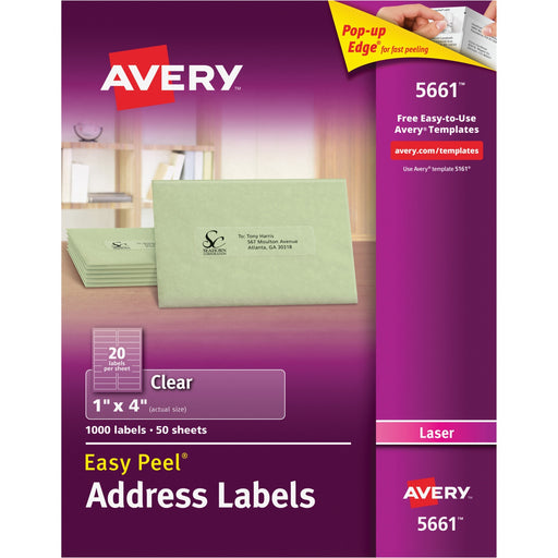 Avery® Matte Clear Address Labels, Sure Feed(TM) Technology, Laser, 1" x 4", 1,000 Labels (5661)