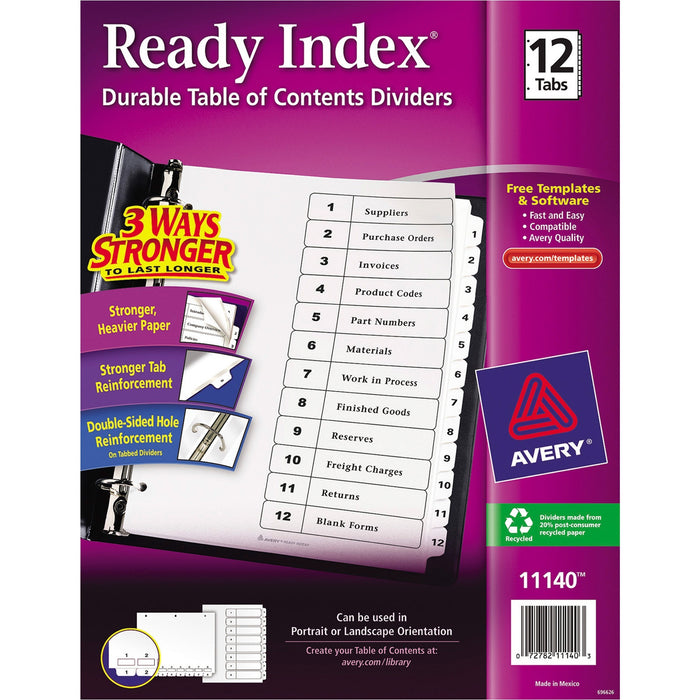 Avery® Customizable Table of Contents Dividers, Ready Index(R) Printable Section Titles, Preprinted 1-12 White Tabs, 1 Set (11140)