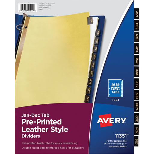 Avery® Preprinted Black Leather Tab Dividers, Gold Reinforced Binding Edge, Jan-Dec, 12-Tab Set, 1 Set (11351)