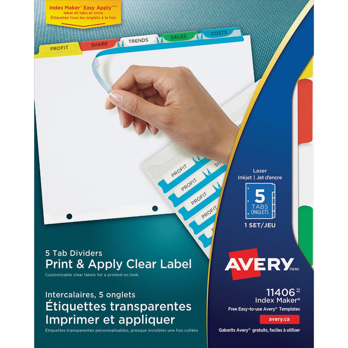 Avery® Print & Apply Clear Label Dividers, Index Maker(R) Easy Apply(TM) Printable Label Strip, 5 Multicolor Tabs (11406)