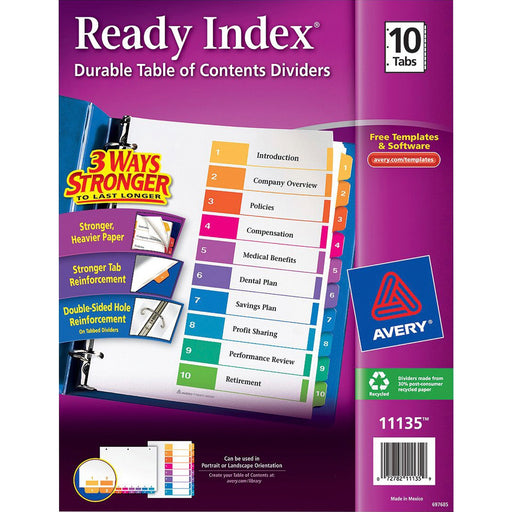 Avery® Customizable Table of Contents Dividers, Ready Index(R) Printable Section Titles, Preprinted 1-10 Multicolor Tabs, 1 Set (11135)