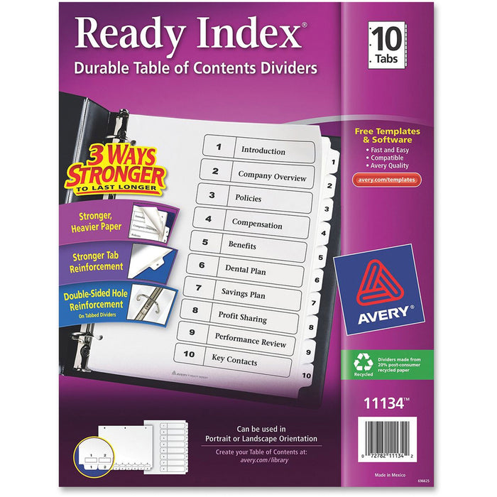 Avery® Customizable Table of Contents Dividers, Ready Index(R) Printable Section Titles, Preprinted 1-10 White Tabs, 1 Set (11134)