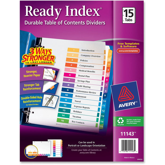 Avery® Customizable Table of Contents Dividers, Ready Index(R) Printable Section Titles, Preprinted 1-15 Multicolor Tabs, 1 Set (11143)