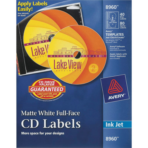 Avery® CD Labels, Print to the Edge, Permanent Adhesive, Matte, 40 Disc Labels and 80 Spine Labels (8960)