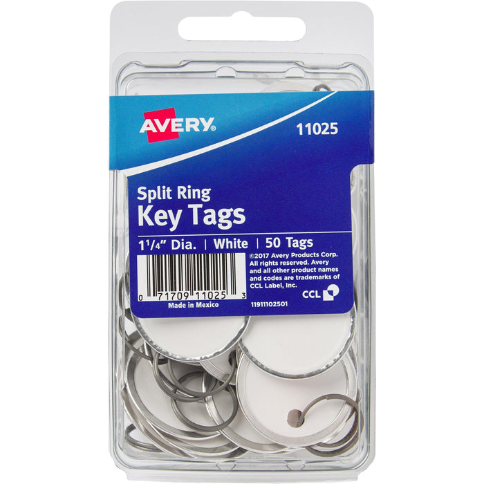 Avery(R) Metal Rim Key Tags, 1-1/4" Diameter Tag, Metal Split Ring, White, 50 Tags (11025)
